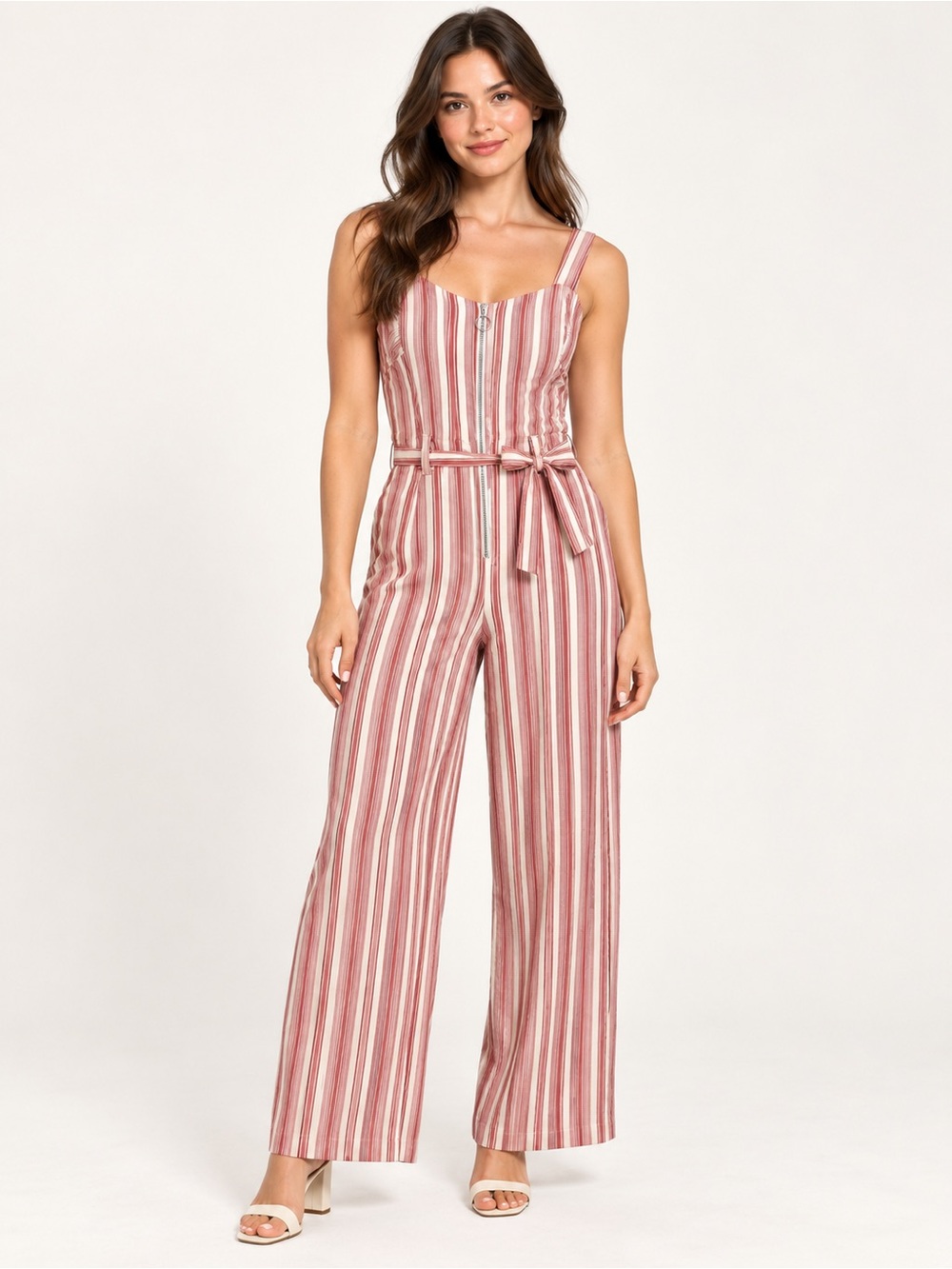 NWT Romeo + Juliet Couture Red Ivory Striped Belted Wide Leg Jumpsuit M